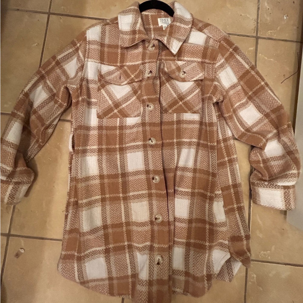 Women’s Brown and White Plaid Button-Up Coat